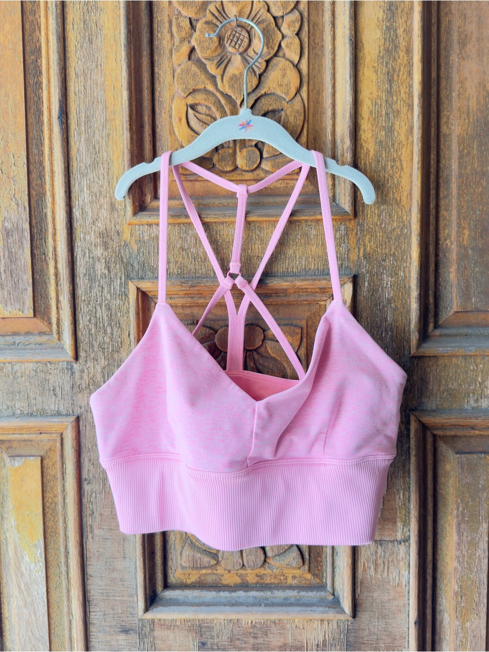 ALO Yoga Lavish Heathered Pink Sports Bra with Cross-Back